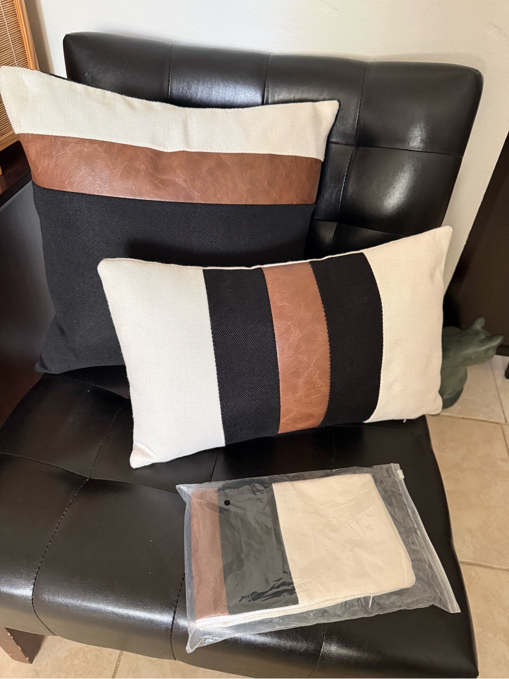 2 Striped Accent Pillows Set in Black, Cream & Brown with additional cover